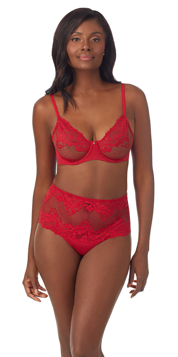 A lady wearing red Lace Allure Unlined Bra