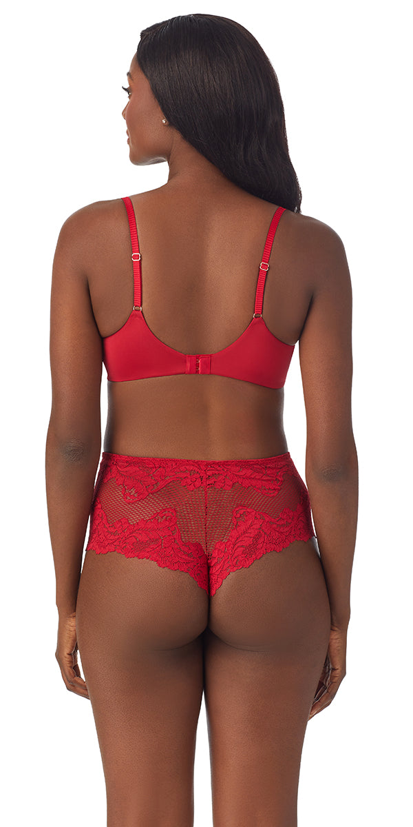 A lady wearing red Lace Allure Unlined Bra