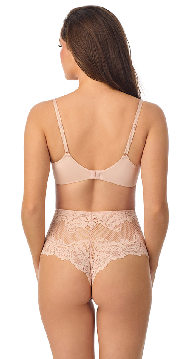 A lady wearing a pale peach Lace Allure Unlined Bra