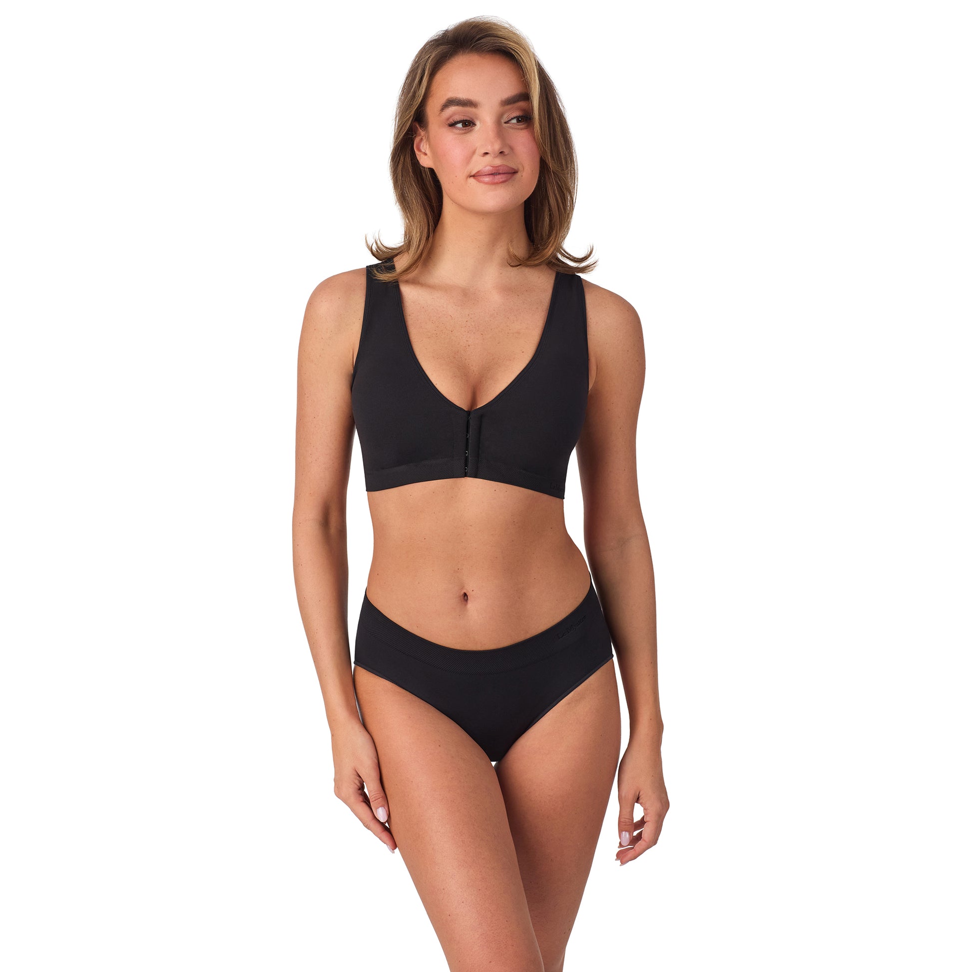 A lady wearing Seamless Comfort Front Close - Black