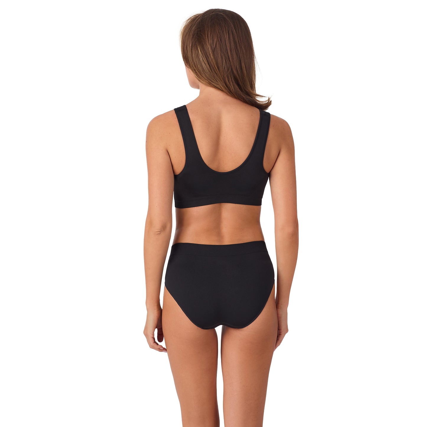 A lady wearing Seamless Comfort Front Close - Black back view