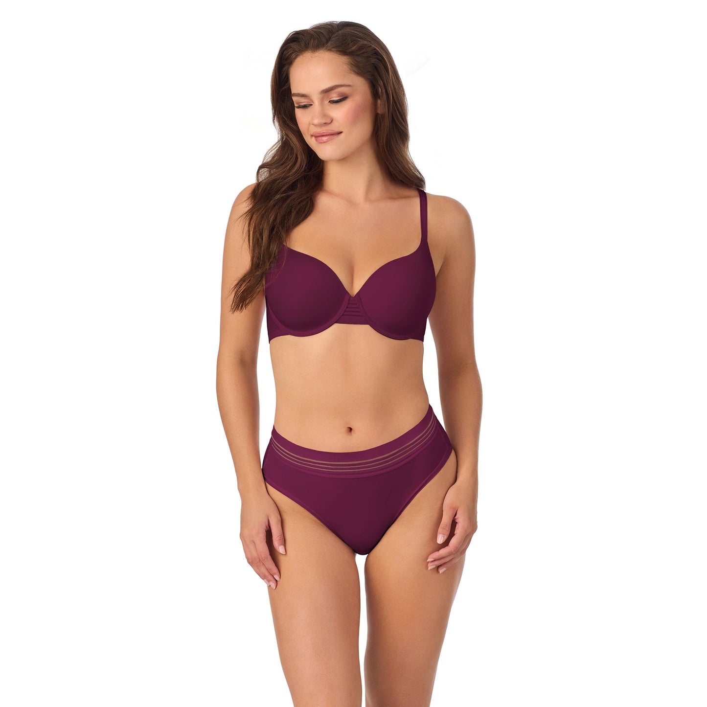 A lady wearing Second Skin Back Smoother in Blackberry