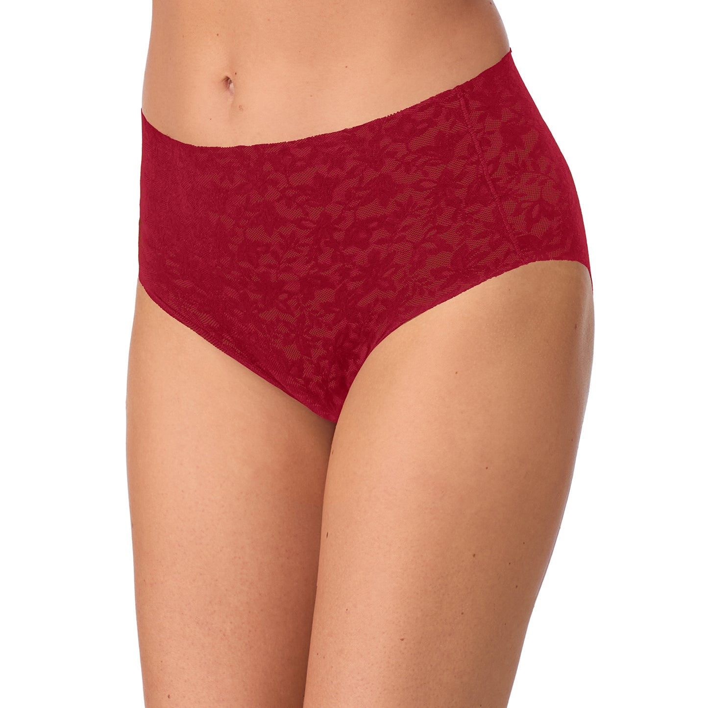 A lady wearing Lace Tech Free Cut Lace Hipster - Pomegranate