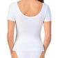 A lady wearing white Seamless Comfort Tshirt