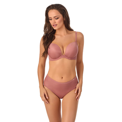 A lady wearing Shimmer Mesh Plunge in Shimmer Blush