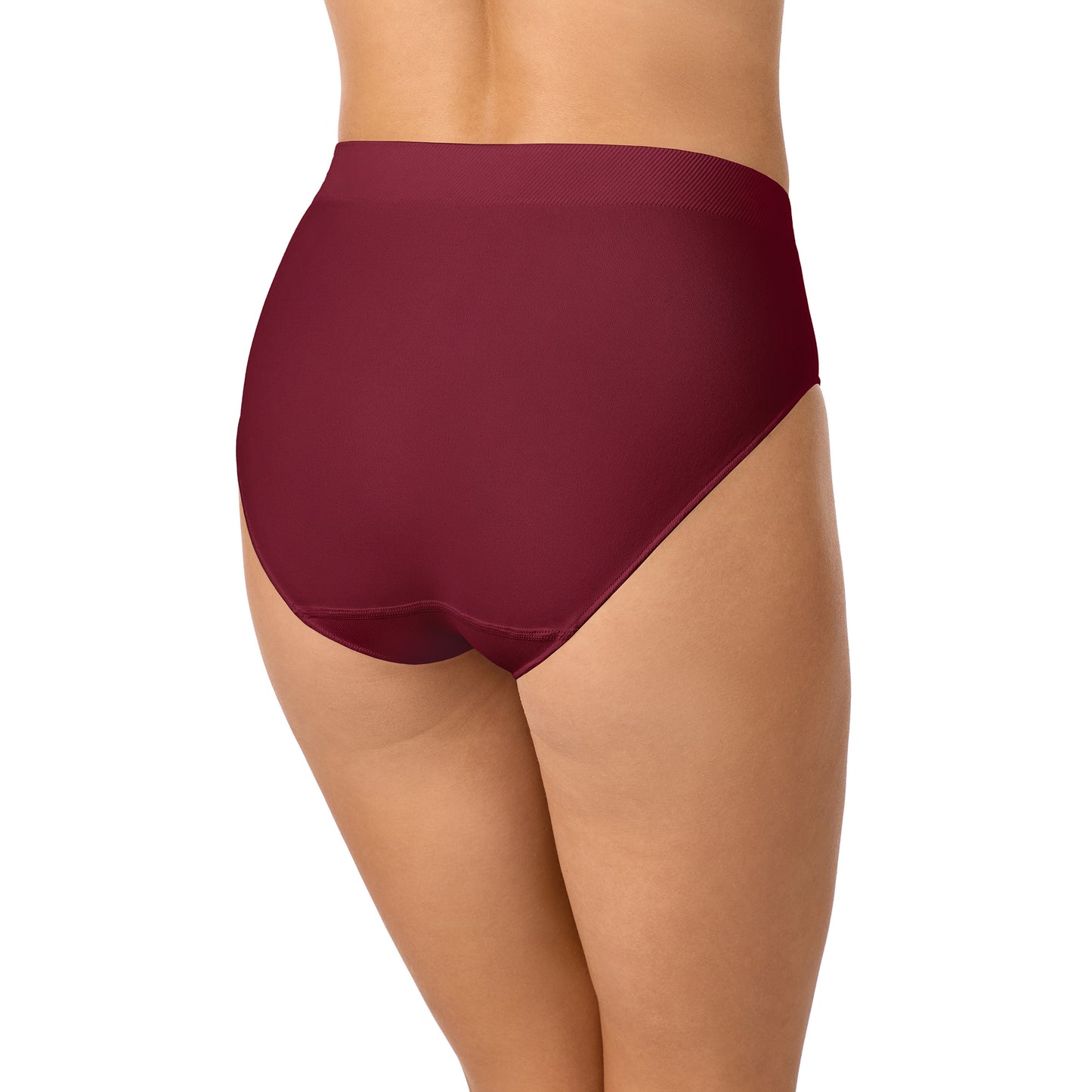 A Lady Wearing Seamless Comfort Hi Cut - Currant posing back view