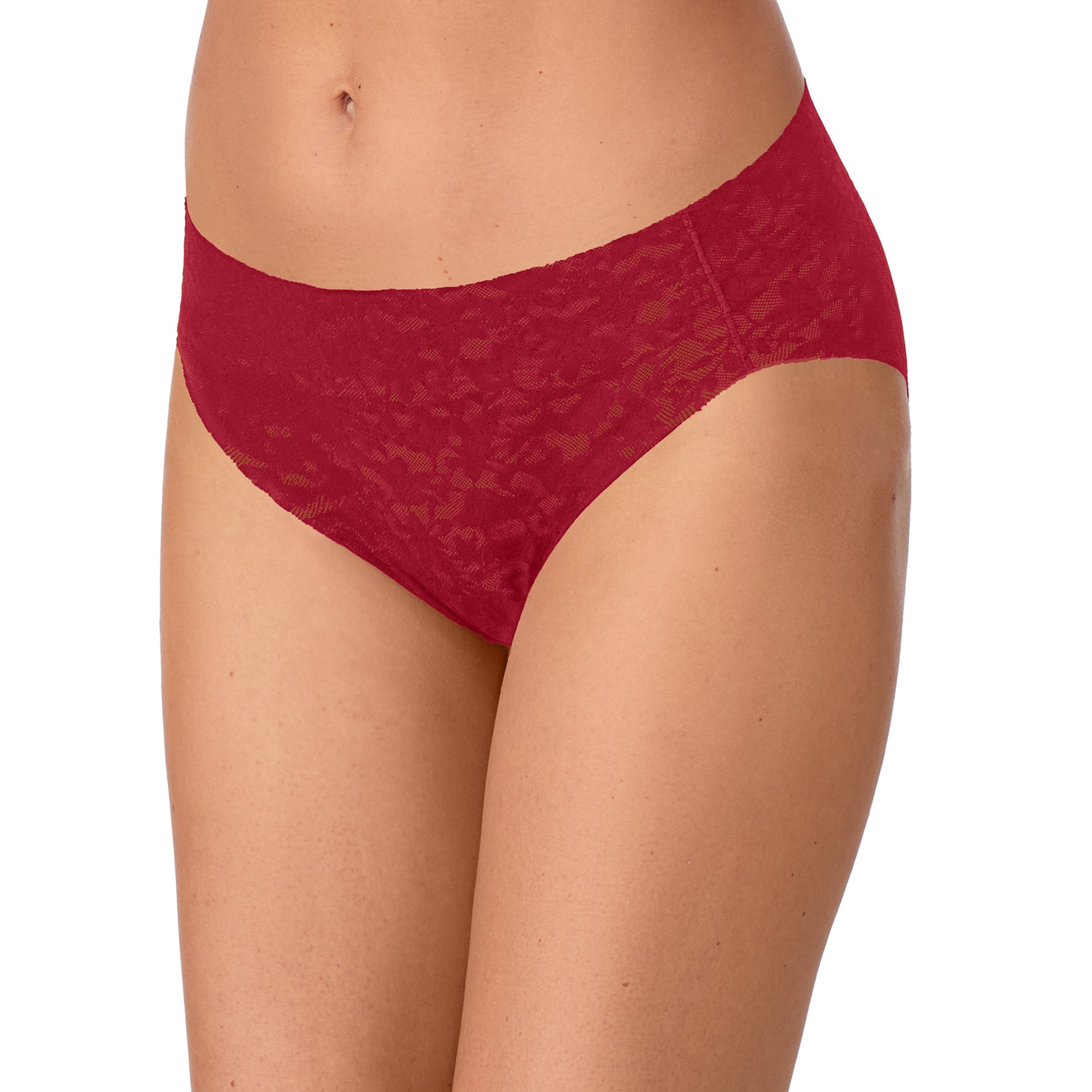 A lady wearing Lace Tech Free Cut Lace Bikini - Pomegranate