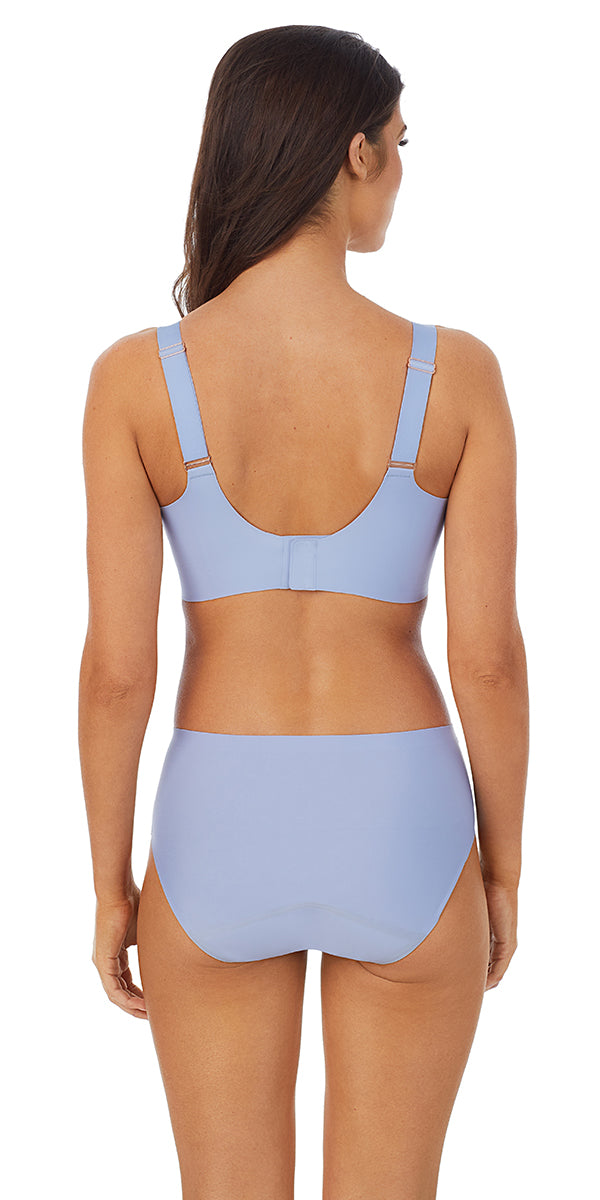 A lady wearing blue smooth shape 360 smoother bra