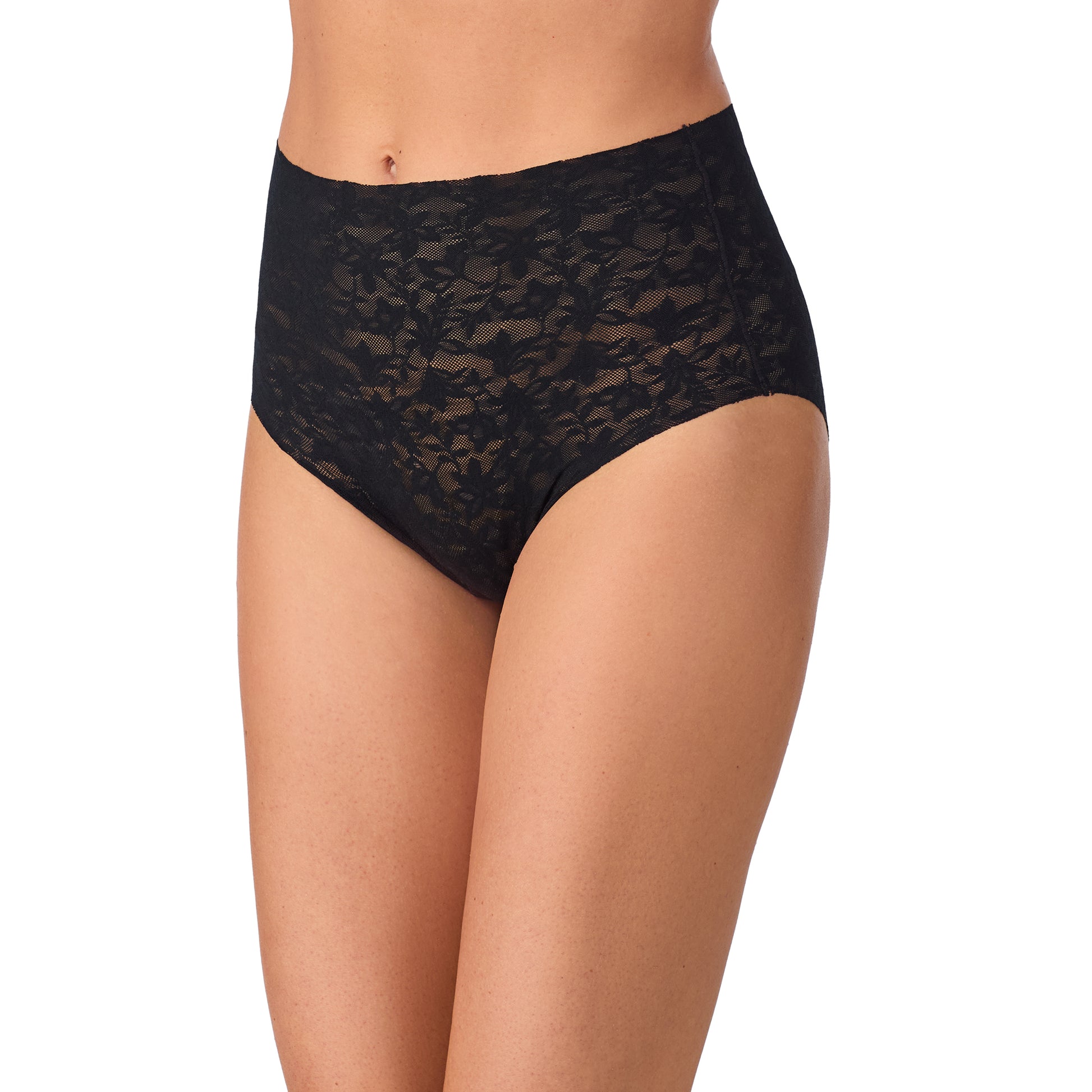 A lady wearing Lace Tech Free Cut Lace Brief - Black