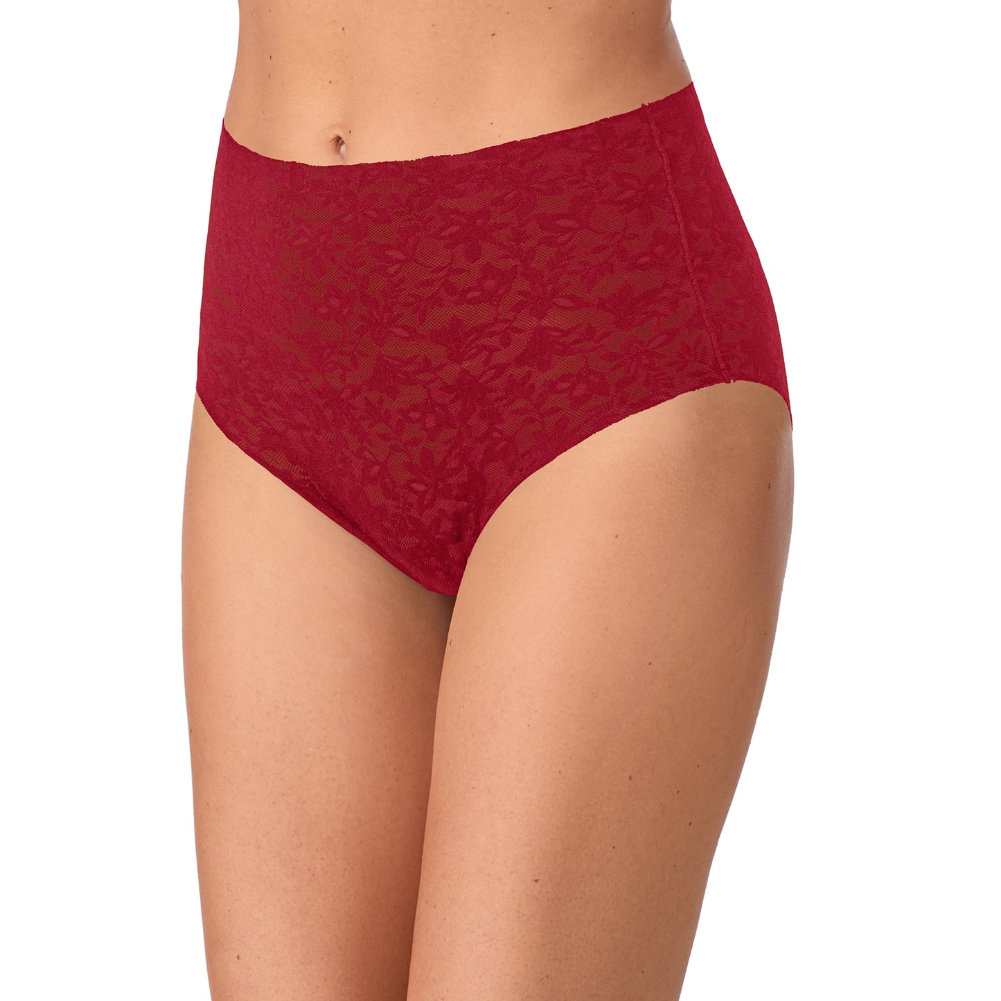 A lady wearing Lace Tech Free Cut Lace Brief - Pomegranate