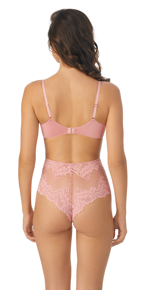 A lady wearing rose bud lace allure unlined bra