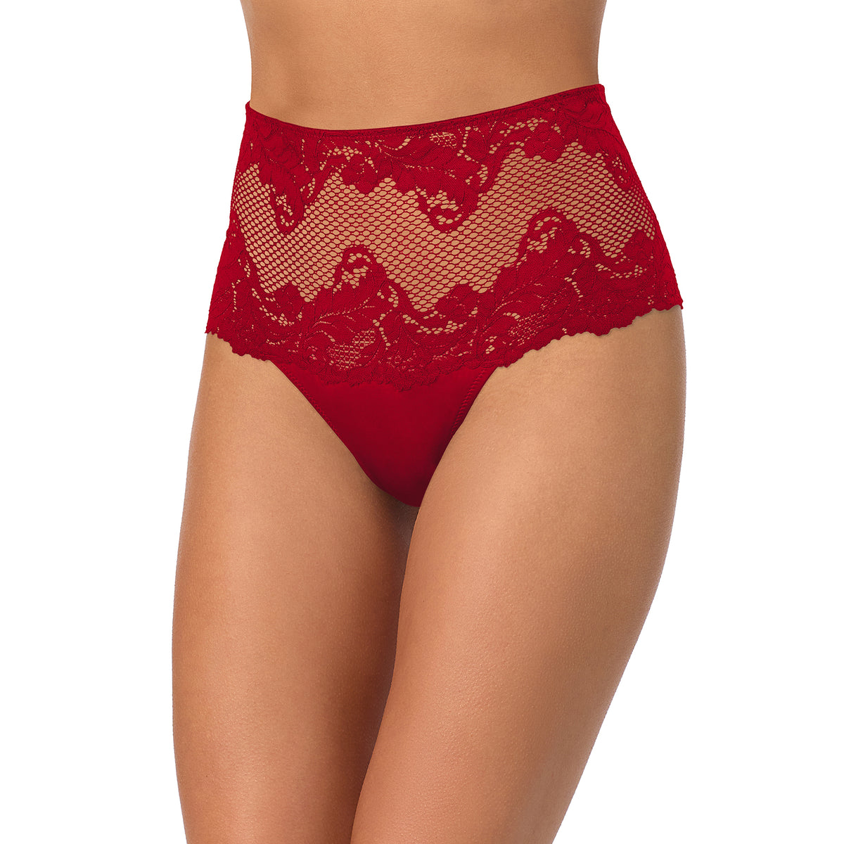 A lady wearing Lace Allure High Waist Thong - Pomegranate