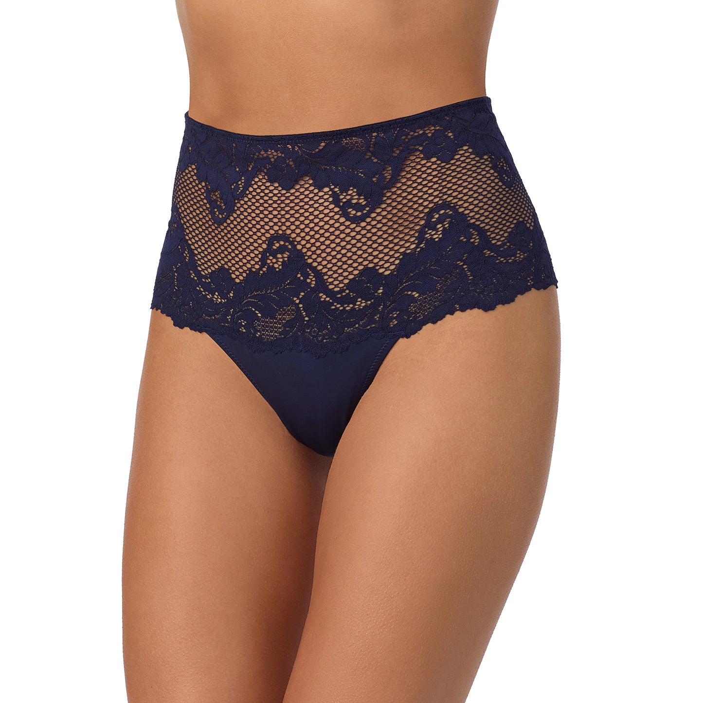 A lady wearing Lace Allure High Waist Thong - Dark Cobalt