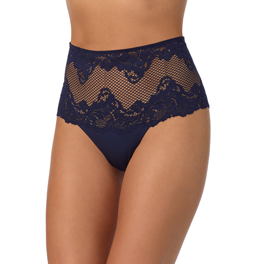 A lady wearing Lace Allure High Waist Thong - Dark Cobalt