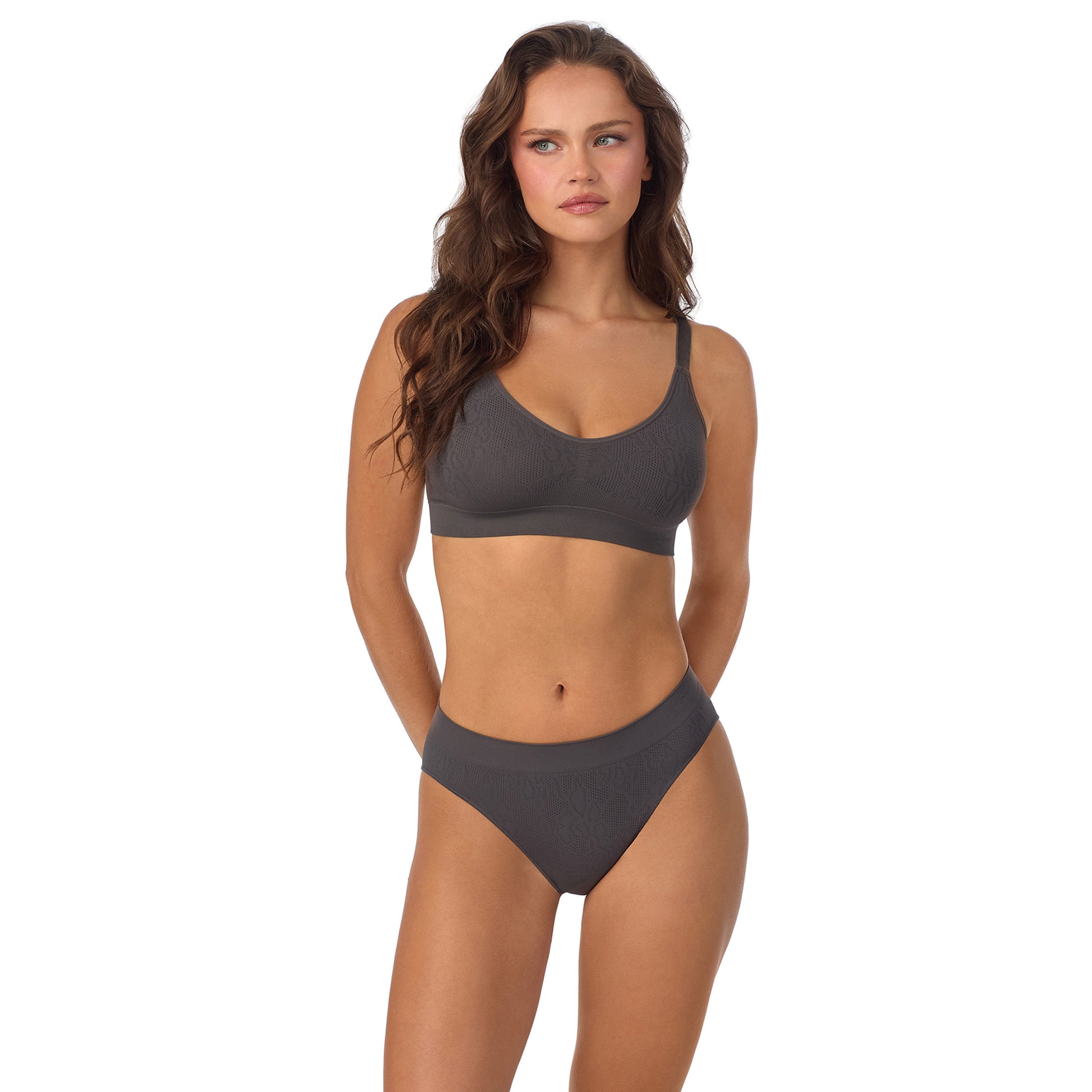 A lady wearing LaceKnit Seamless Wireless Bralette - Charcoal  