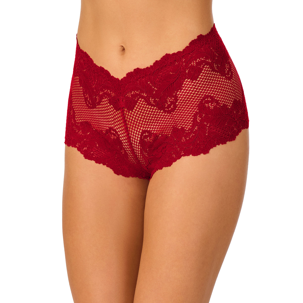 A lady wearing Lace Allure Boyshort - Pomegranate