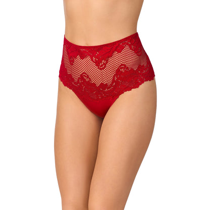 A lady wearing Lace Allure High Waist Thong in Crimson