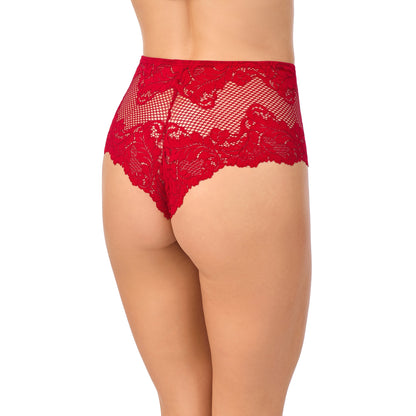 A lady wearing Lace Allure High Waist Thong in Crimson