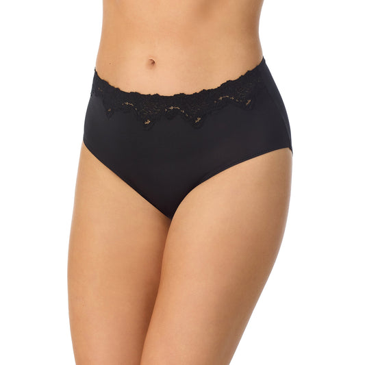 A lady wearing Lace Allure Micro Brief in Black
