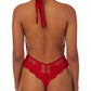 A lady wearing red LACE ALLURE HALTER BODYSUIT