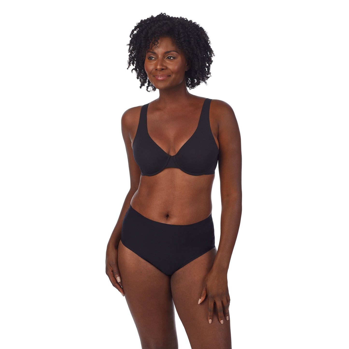 A lady wearing Smooth Shape Unlined Underwire Bra in Black