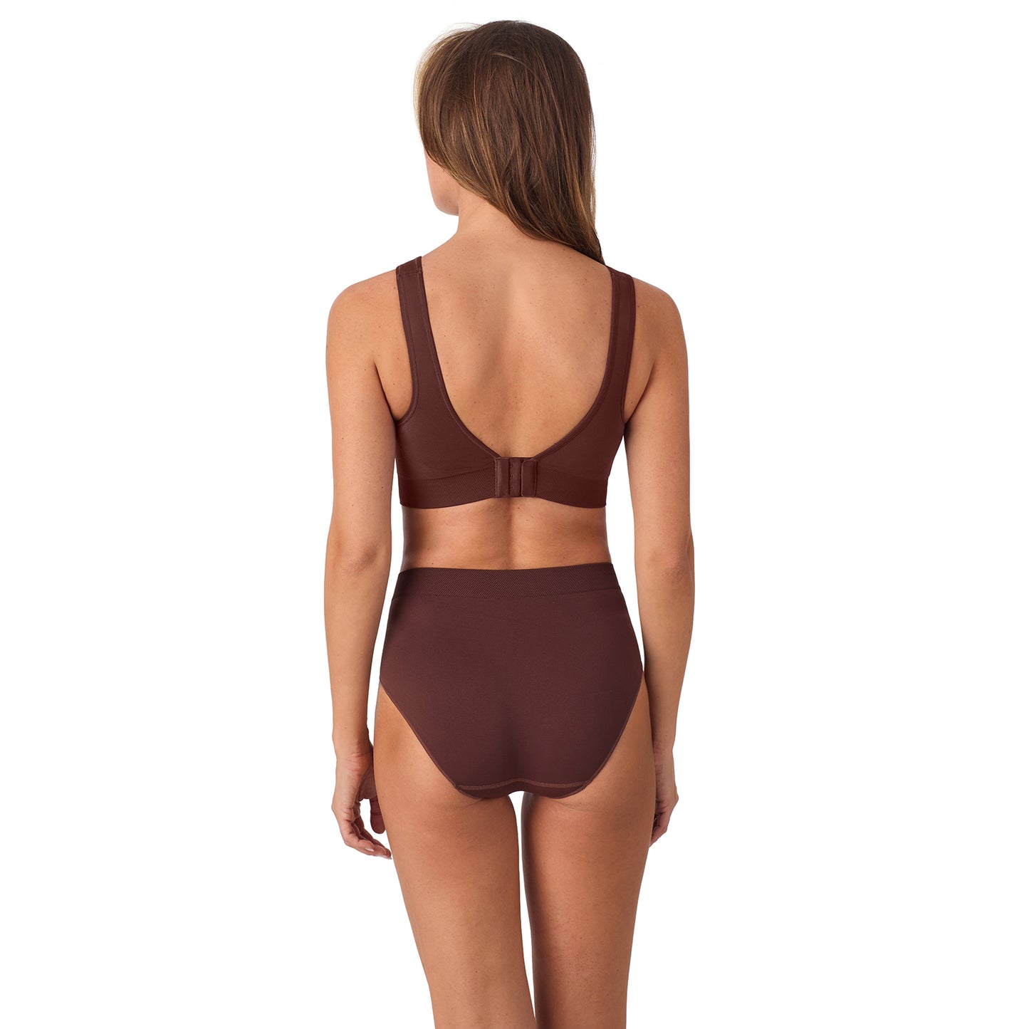 A lady wearing Seamless Comfort Wireless Back Smoother - Deep Mahogany back view