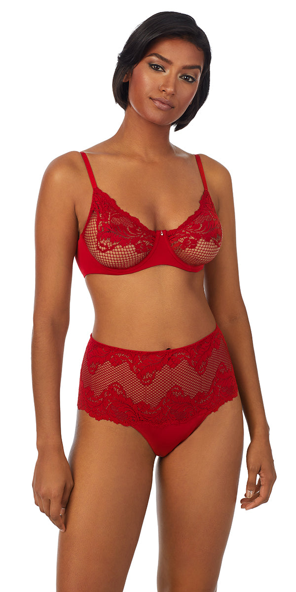 A lady wearing red LACE ALLURE UNLINED BRA