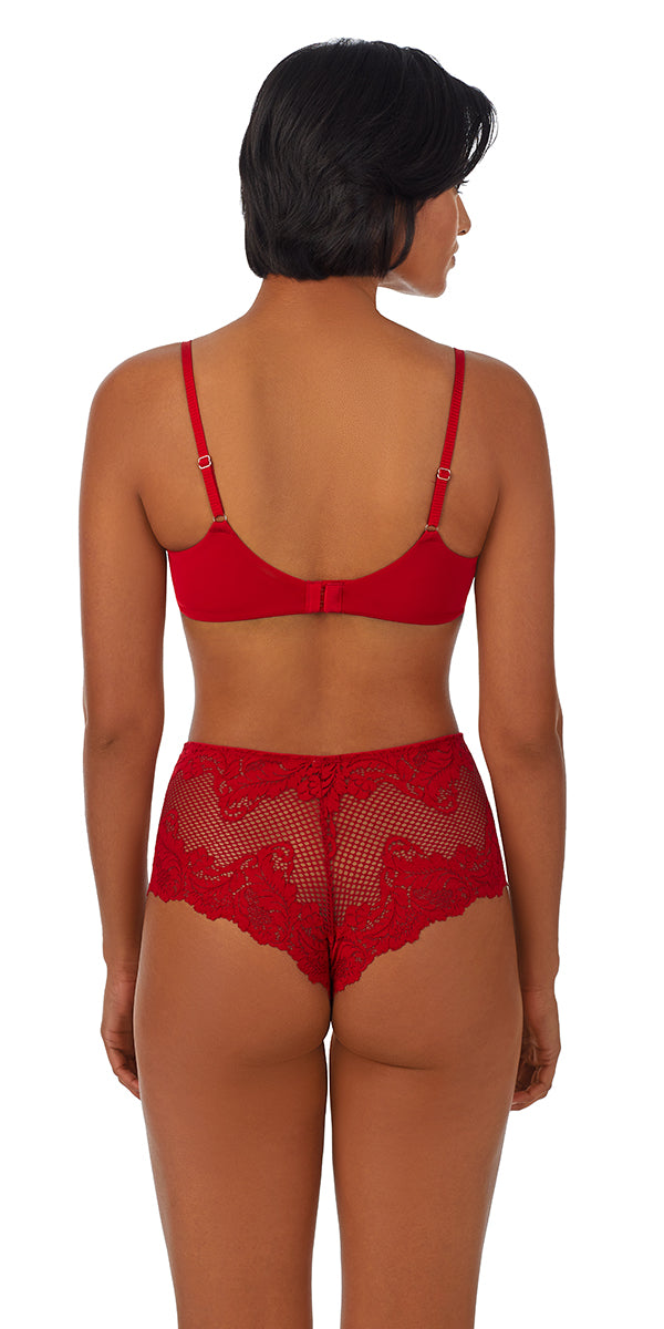 A lady wearing red LACE ALLURE UNLINED BRA