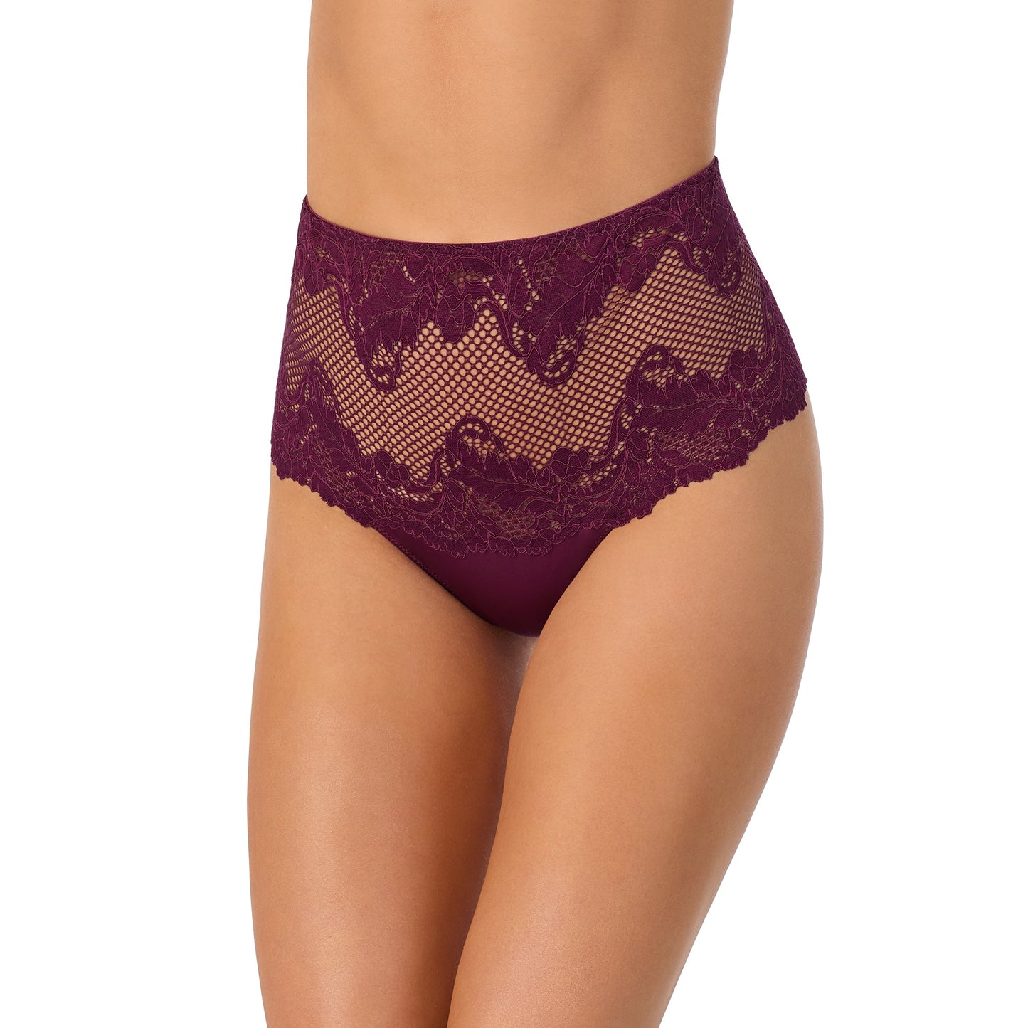 A lady wearing Lace Allure High Waist Thong in Blackberry