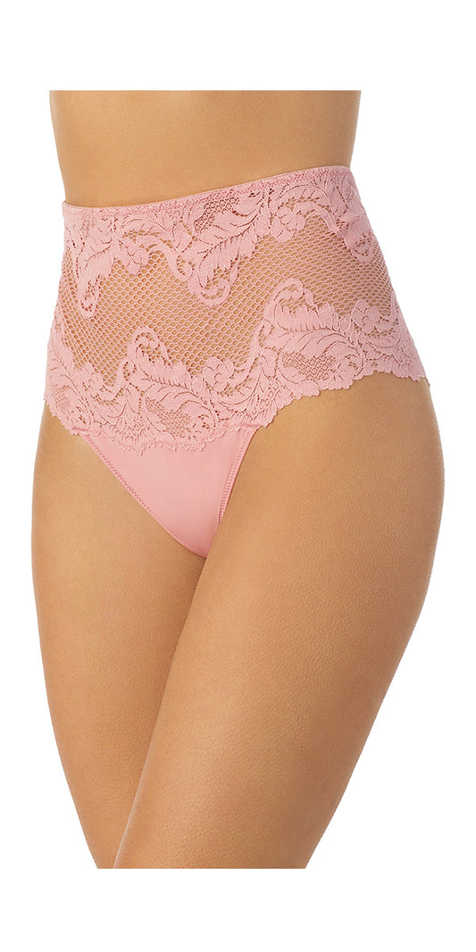 A lady wearing rose bud lace allure high waist thong 