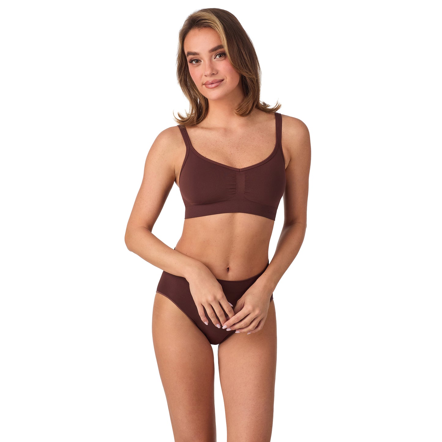 A lady wearing Seamless Comfort Bralette - Deep Mahogany