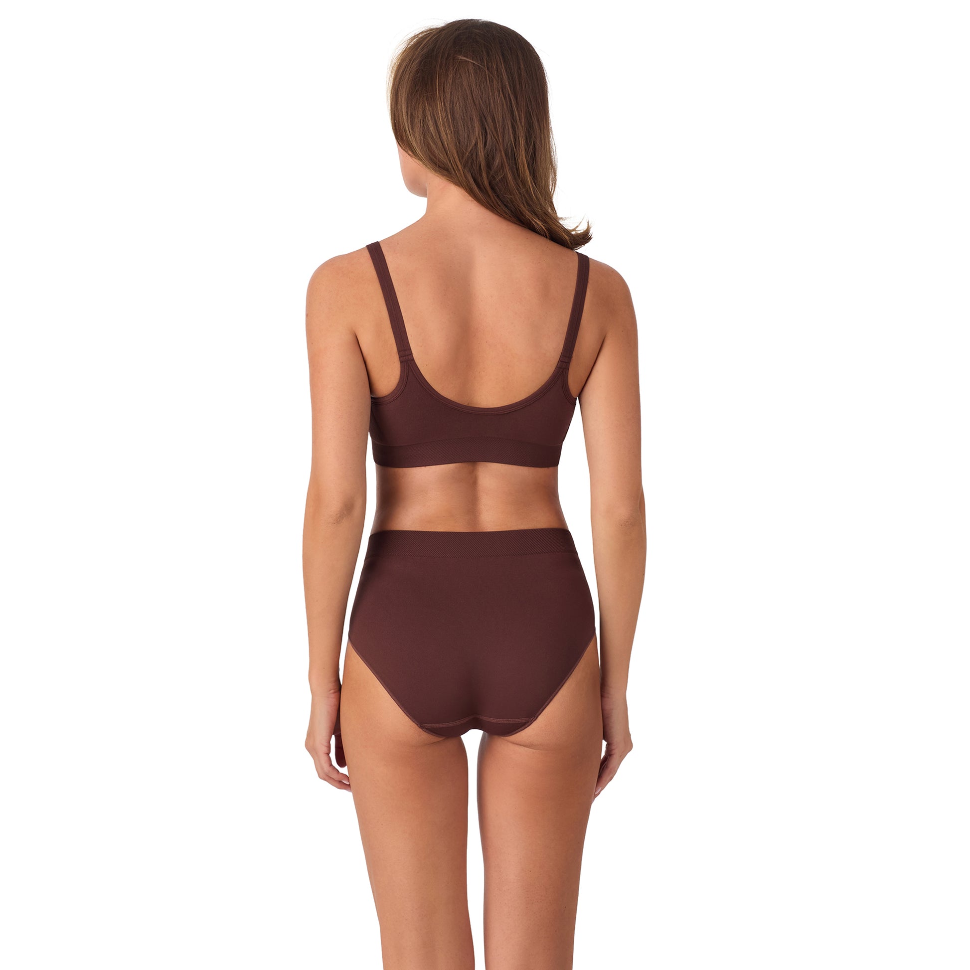 A lady wearing Seamless Comfort Bralette - Deep Mahogany back view