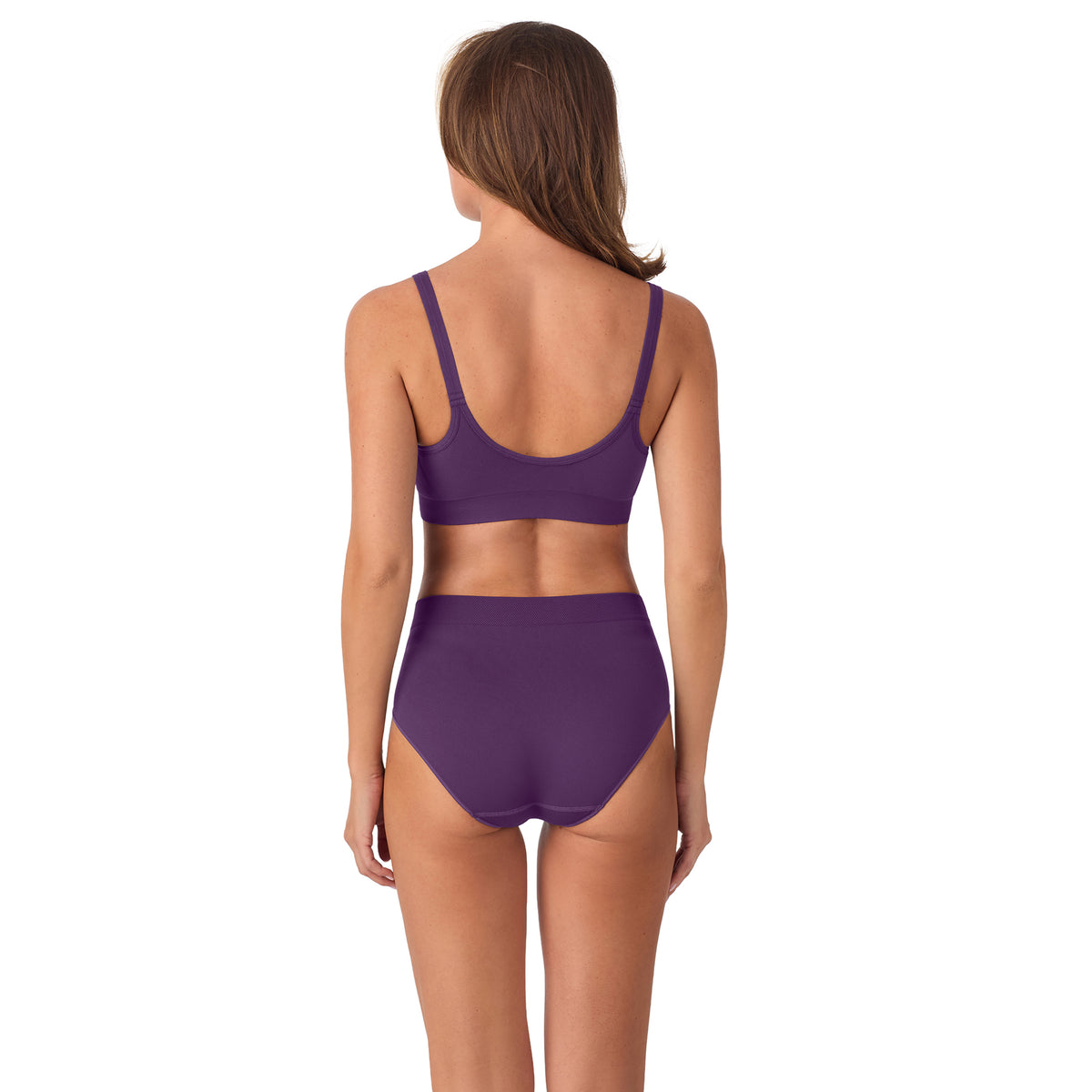 A lady wearing Seamless Comfort Bralette - Aubergine back view
