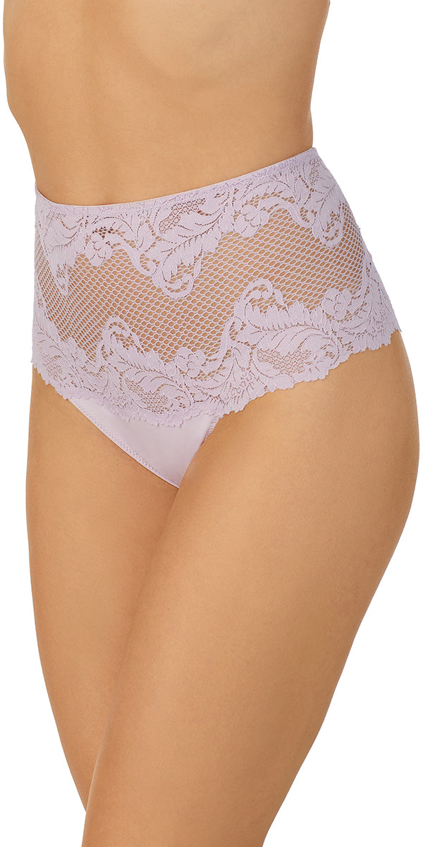 A lady wearing orchid Lace Allure High Waist Thong