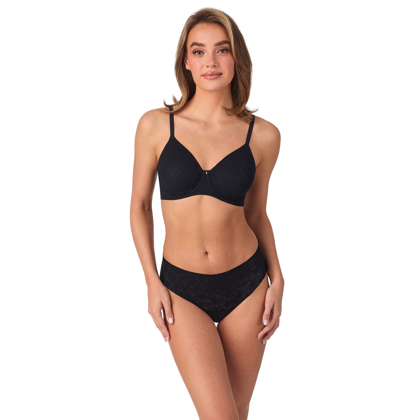 A lady wearing Lace Tech Unlined - Black looking front