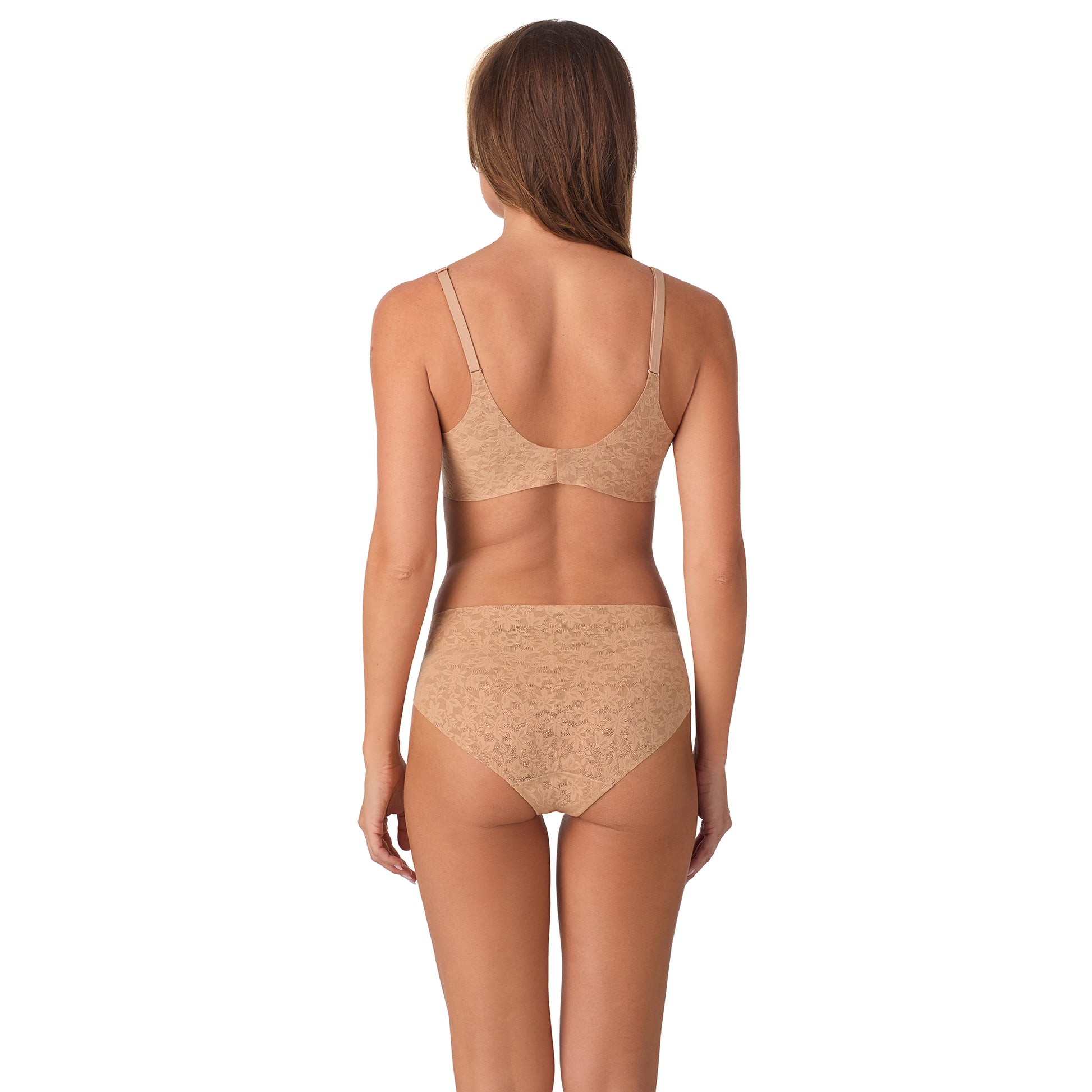 A lady wearing Lace Tech Unlined - Natural back view