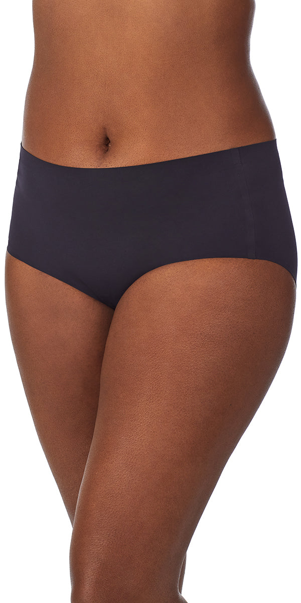 A lady wearing a black smooth shape leak resistant brief.