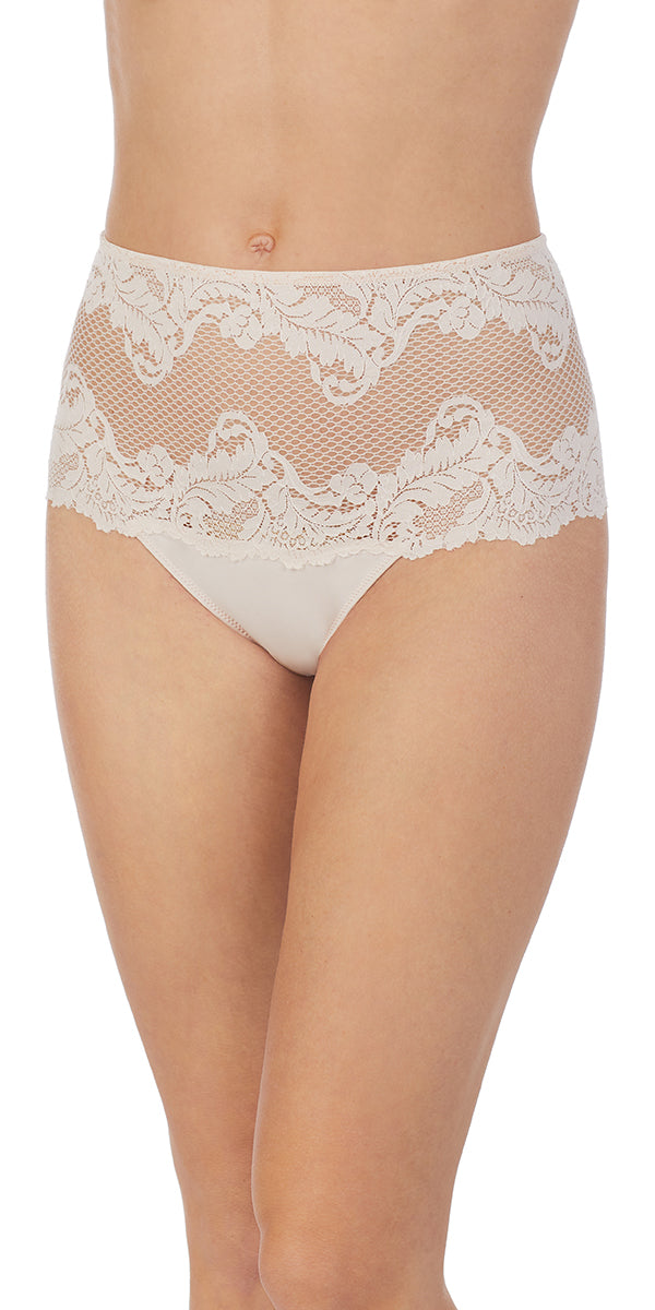 A lady wearing soft shell lace allure high waist thong.