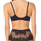 A lady wearing a black lace allure unlined.