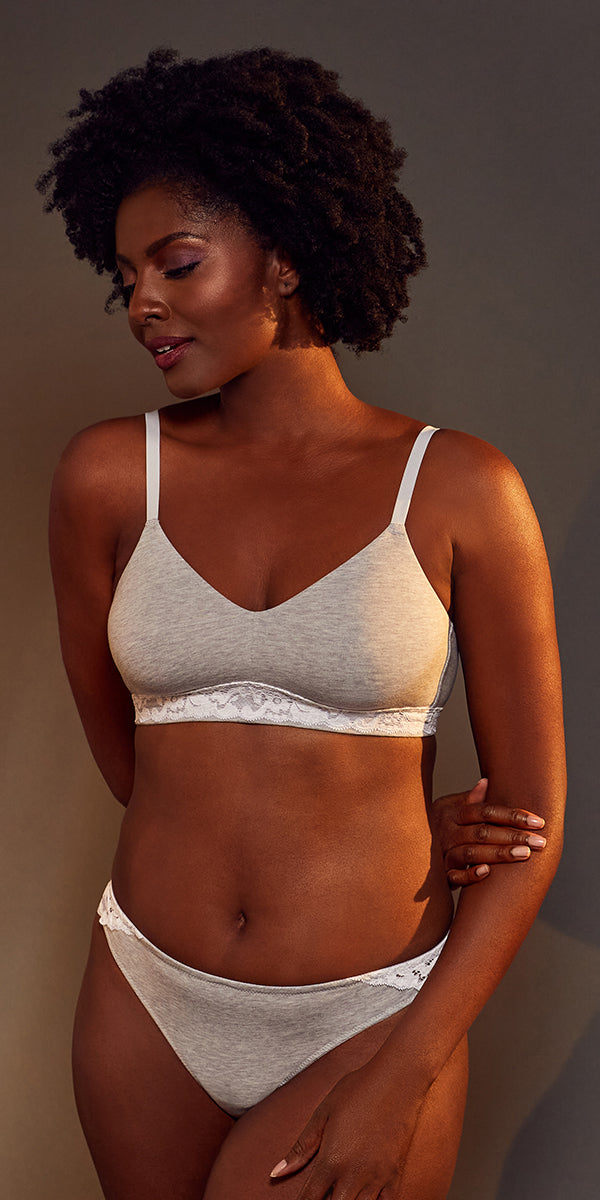 A lady wearing a heather grey cotton touch lounge bra.