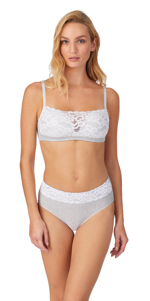 A lady wearing a heather grey cotton touch wireless bra.