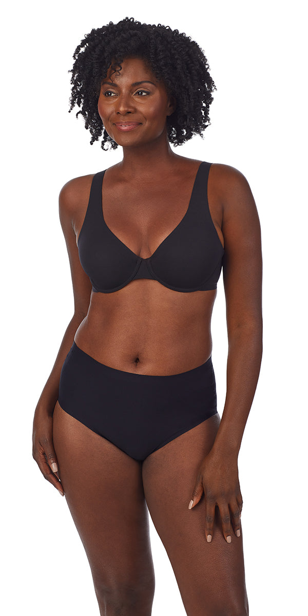 A lady wearing a black smooth shape unlined underwire bra.