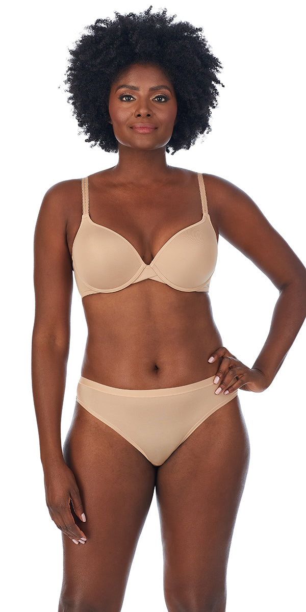 A lady wearing a natural gigi bra.