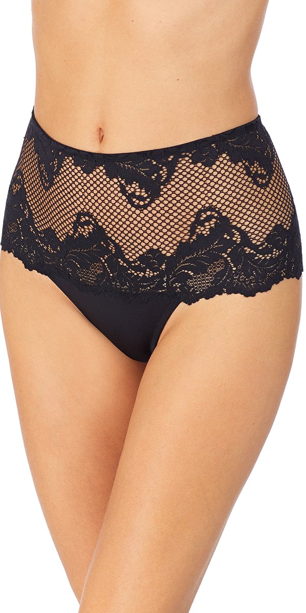 A lady wearing a black lace allure high waist thong.